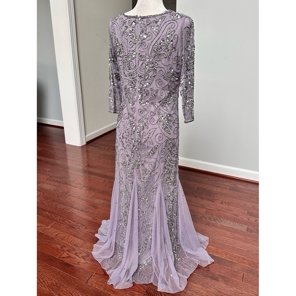 Pisarro Nights Mauve Grey Fully Embellished Beaded Quarter Sleeve Gown Dress 10p - Picture 3 of 12